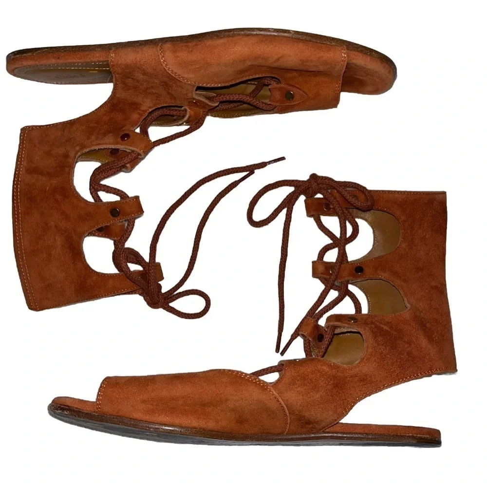 Chloé Rust Orange Sandals Suede Gladiator Lace Up Flat 7.5 Casual Summer Resort